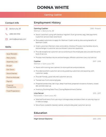 Gaming Cashier Resume