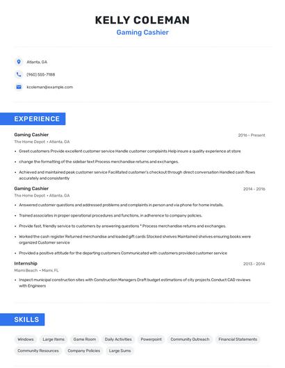 Gaming Cashier Resume