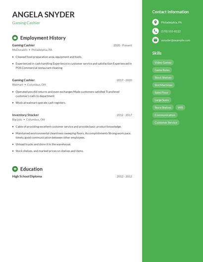Gaming Cashier Resume