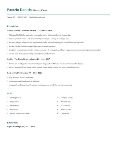 Gaming Cashier Resume
