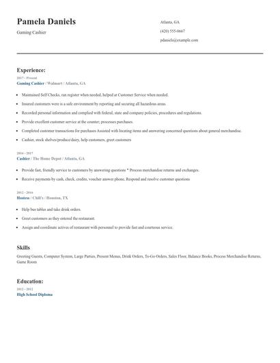 Gaming Cashier Resume
