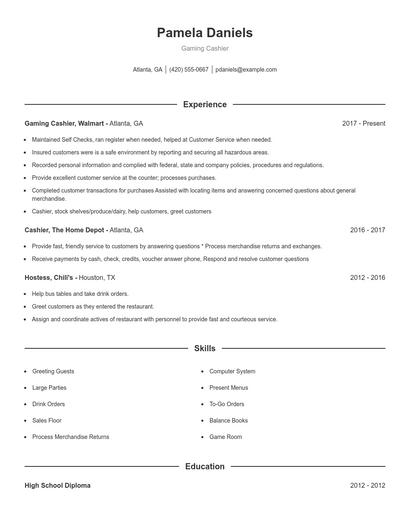 Gaming Cashier Resume