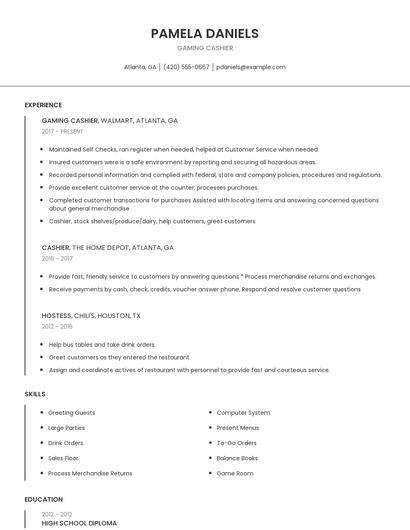 Gaming Cashier Resume