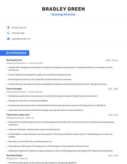 Gaming Director Resume