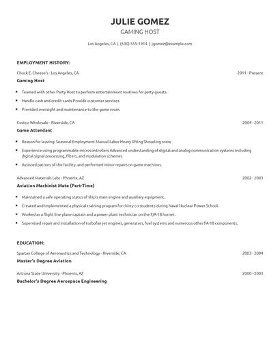 Gaming Host Resume