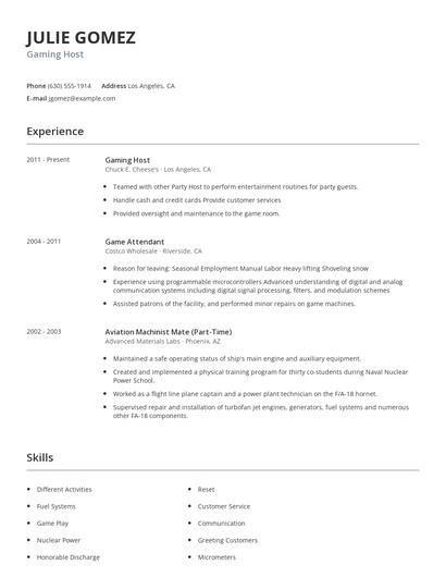 Gaming Host Resume