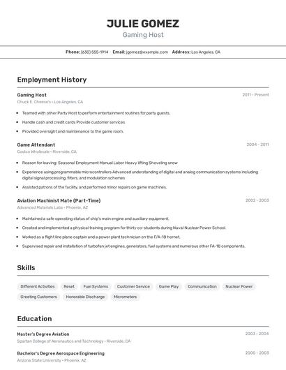 Gaming Host Resume