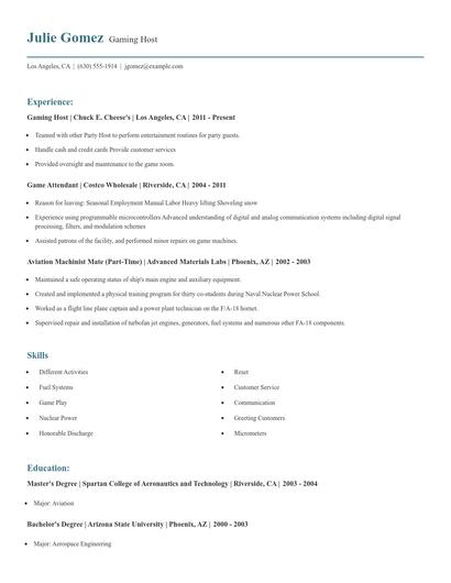 Gaming Host Resume
