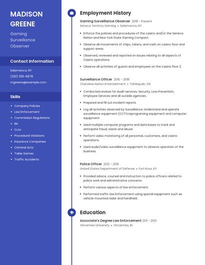 Gaming Surveillance Observer Resume