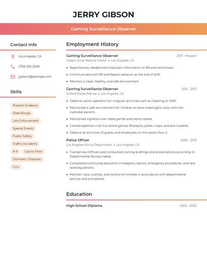 Gaming Surveillance Observer Resume