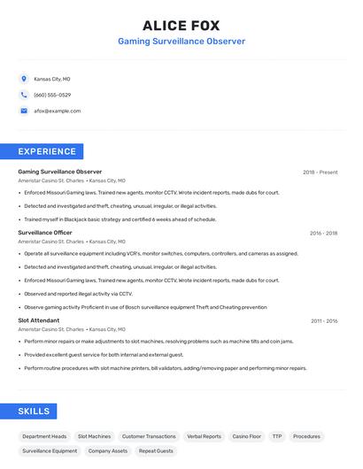 Gaming Surveillance Observer Resume