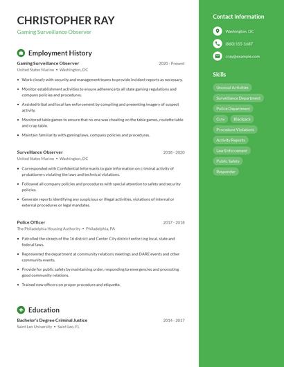 Gaming Surveillance Observer Resume
