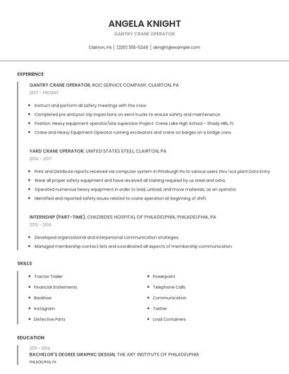 Gantry Crane Operator Resume