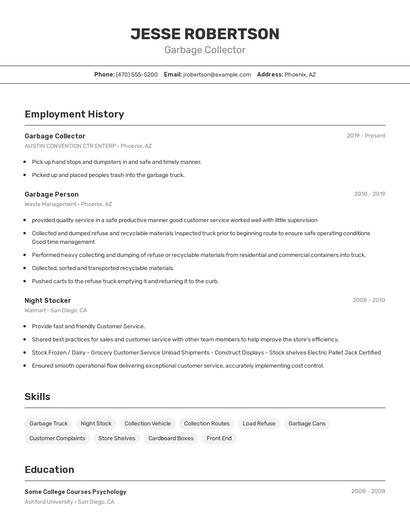 Garbage Collector Resume
