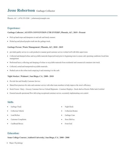 Garbage Collector Resume