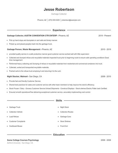 Garbage Collector Resume