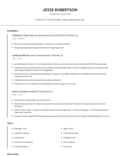 Garbage Collector Resume