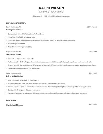 Garbage Truck Driver Resume