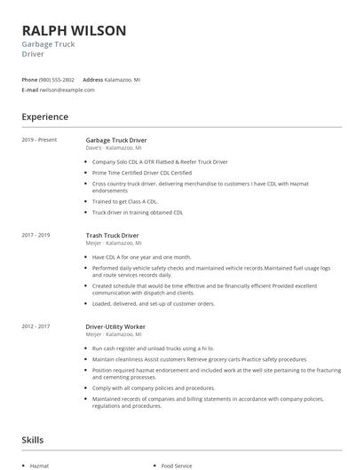 Garbage Truck Driver Resume