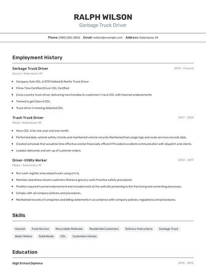 Garbage Truck Driver Resume