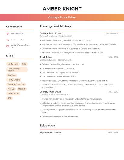 Garbage Truck Driver Resume