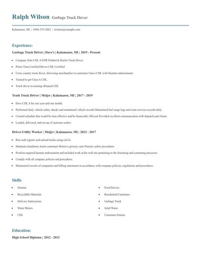 Garbage Truck Driver Resume