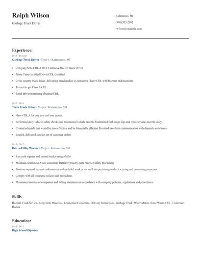 Garbage Truck Driver Resume