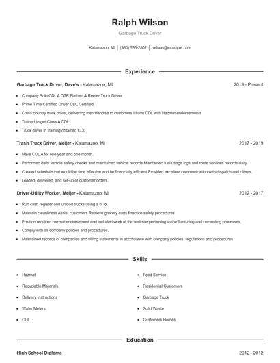 Garbage Truck Driver Resume