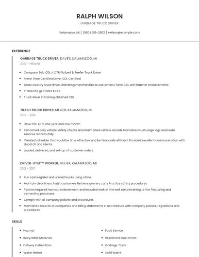 Garbage Truck Driver Resume
