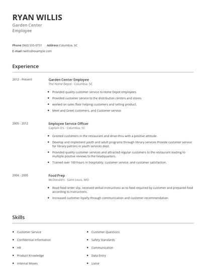 Garden Center Employee Resume