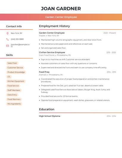 Garden Center Employee Resume