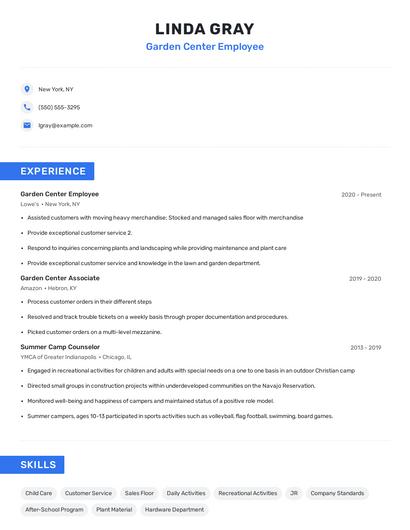 Garden Center Employee Resume