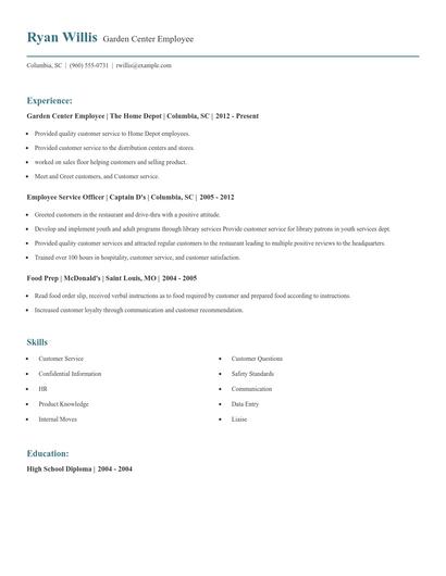 Garden Center Employee Resume