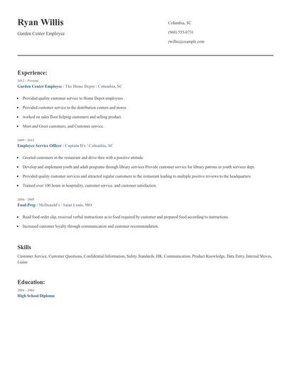 Garden Center Employee Resume