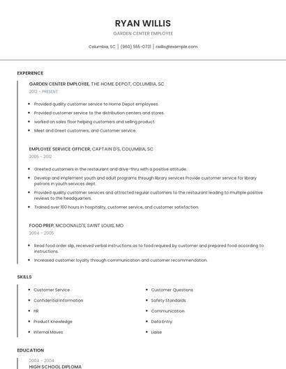 Garden Center Employee Resume