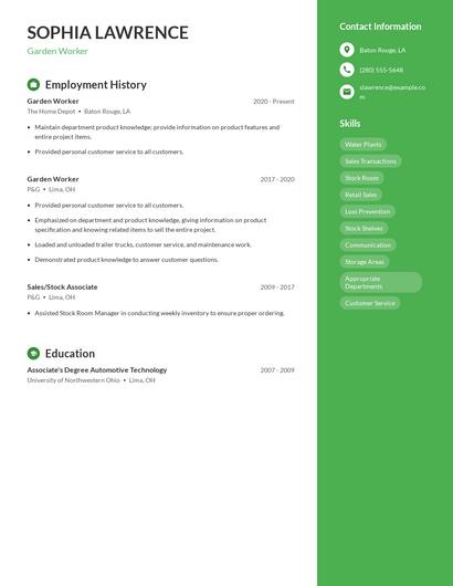 Garden Worker Resume
