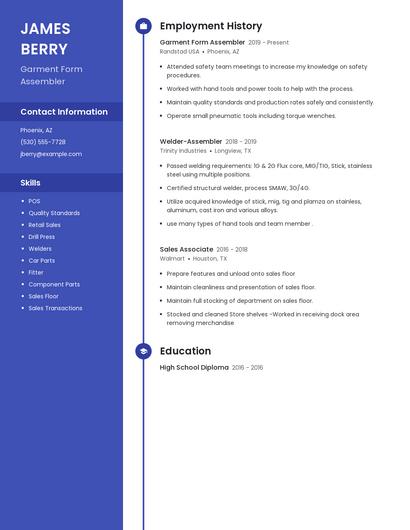 Garment Form Assembler Resume