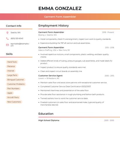 Garment Form Assembler Resume