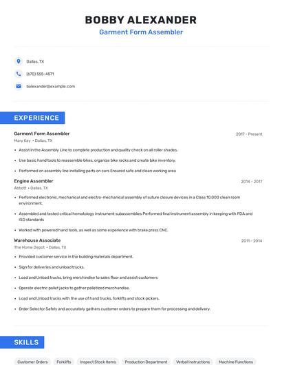 Garment Form Assembler Resume