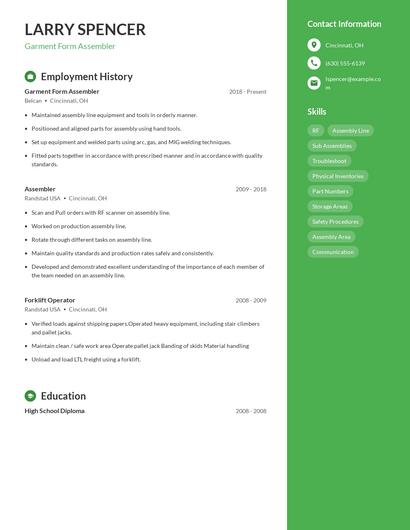 Garment Form Assembler Resume