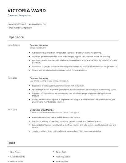Garment Inspector Resume