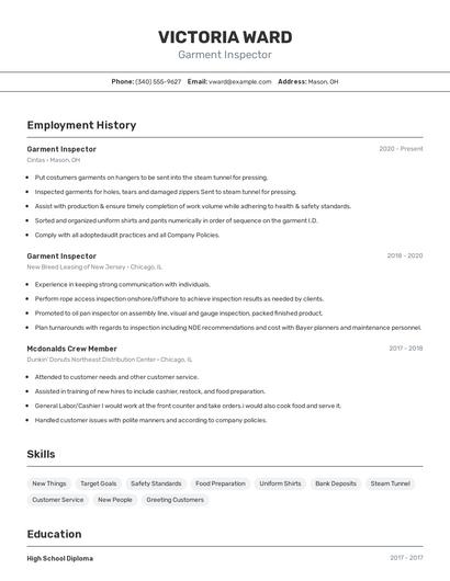 Garment Inspector Resume