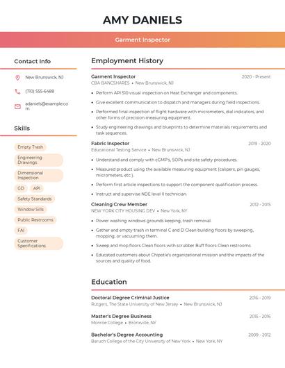 Garment Inspector Resume