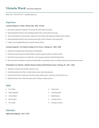 Garment Inspector Resume