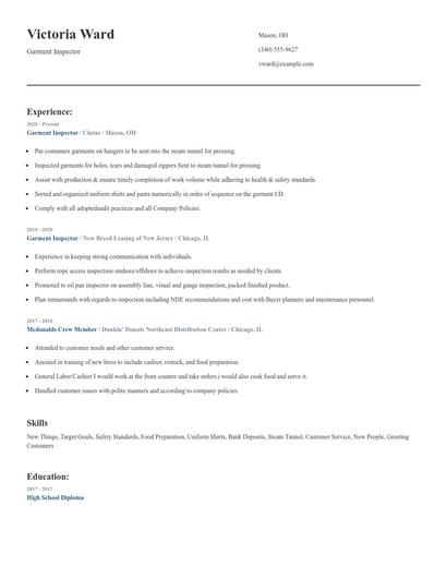 Garment Inspector Resume