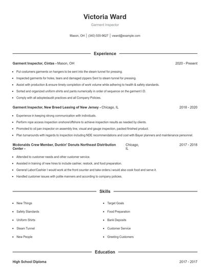 Garment Inspector Resume