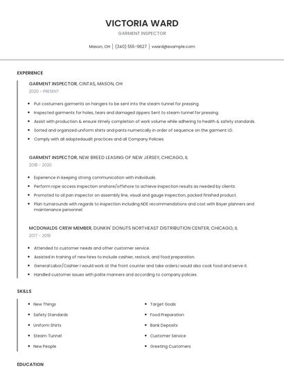 Garment Inspector Resume