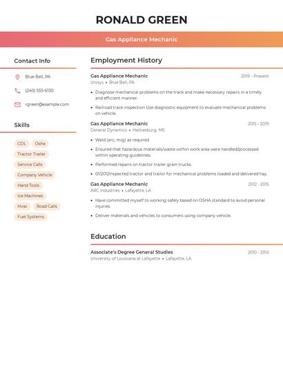 Gas Appliance Mechanic Resume