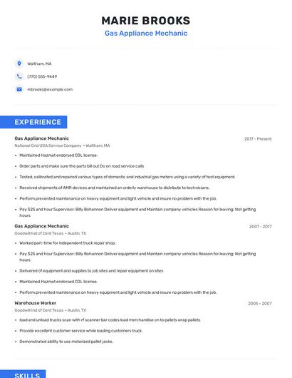 Gas Appliance Mechanic Resume