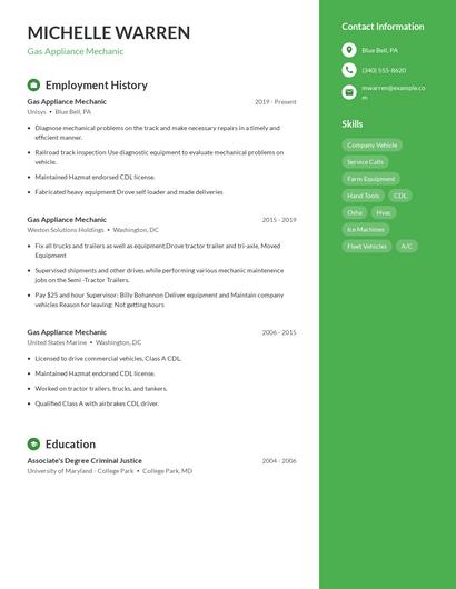 Gas Appliance Mechanic Resume
